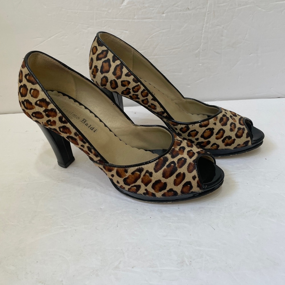 MASSIMO BALDI PEEP TOE HEELS IN LEOPARD CALF HAIR LEATHER